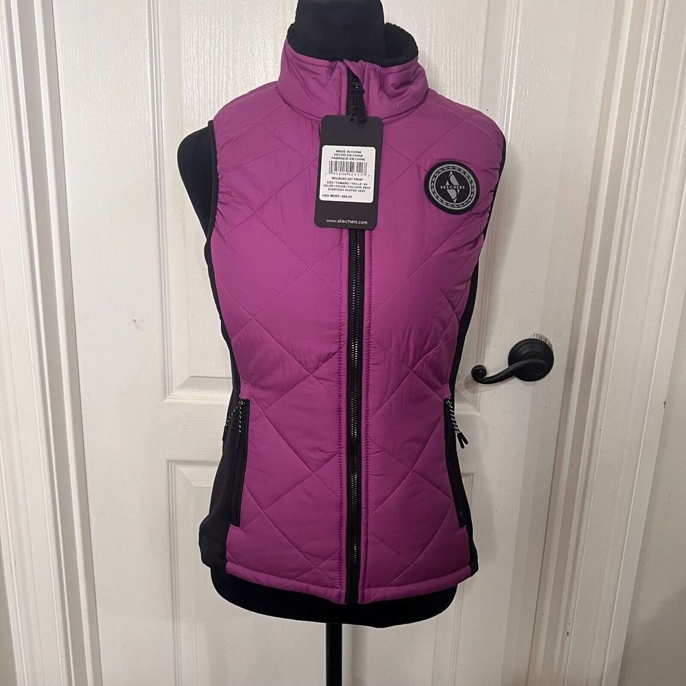 Skechers Everyday Puffer Vest Womens XS Purple Black Quilted Sherpa W3JA243 NEW